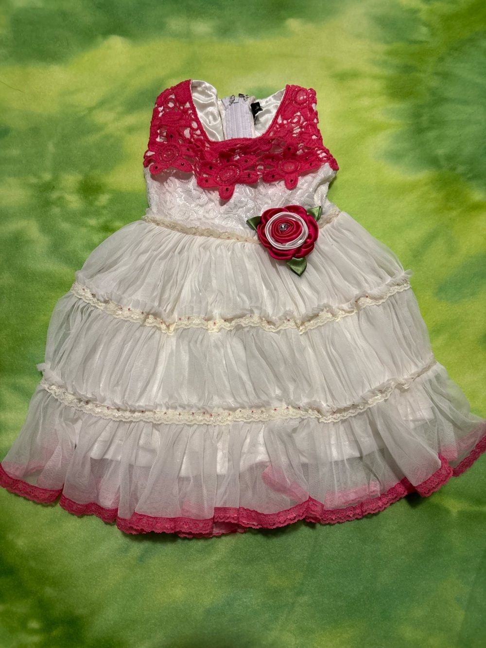 White Tulle Tiered Dress with Pink Lace and Rose Accent